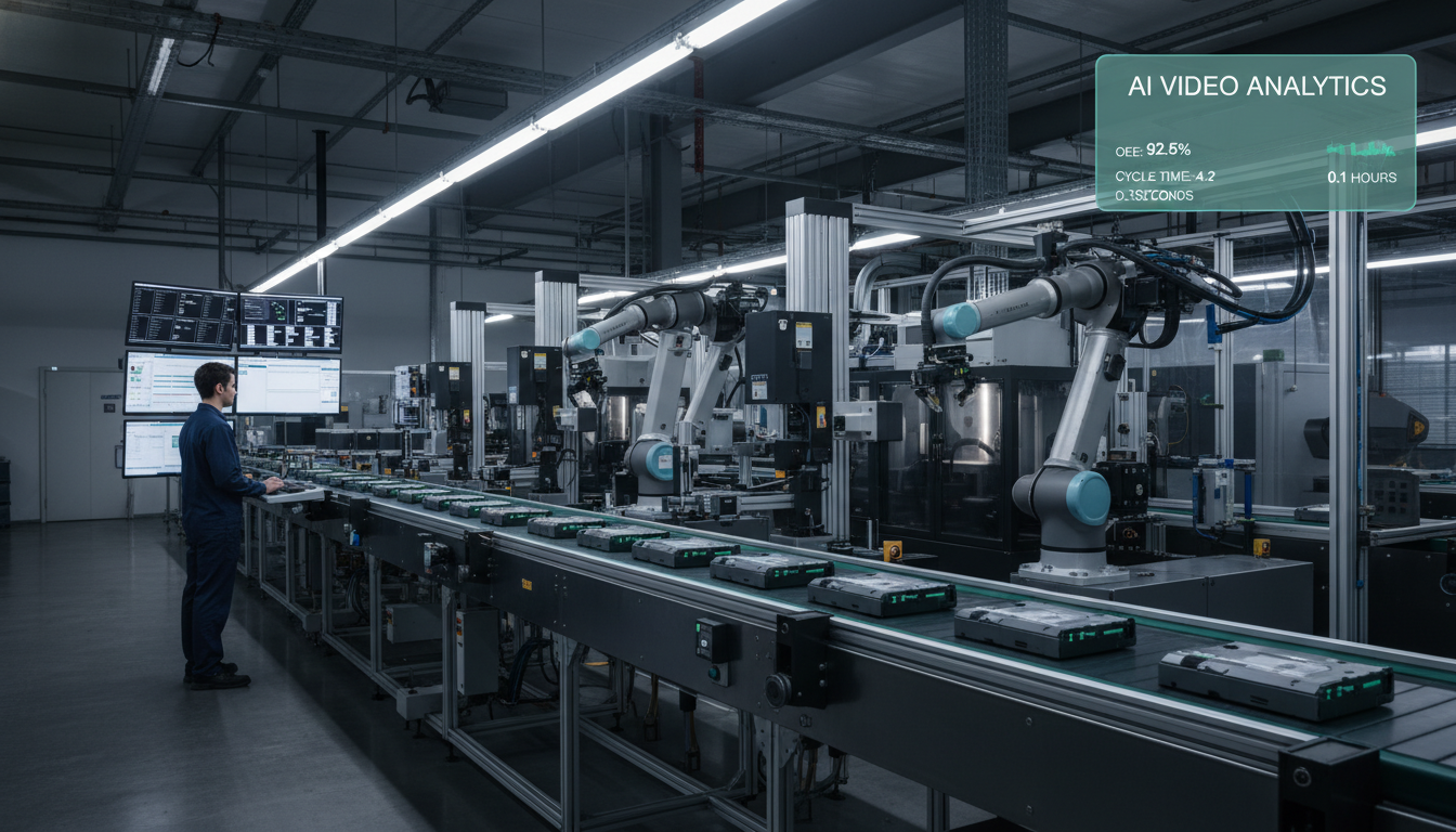 Production line with AI metrics for OEE and cycle time